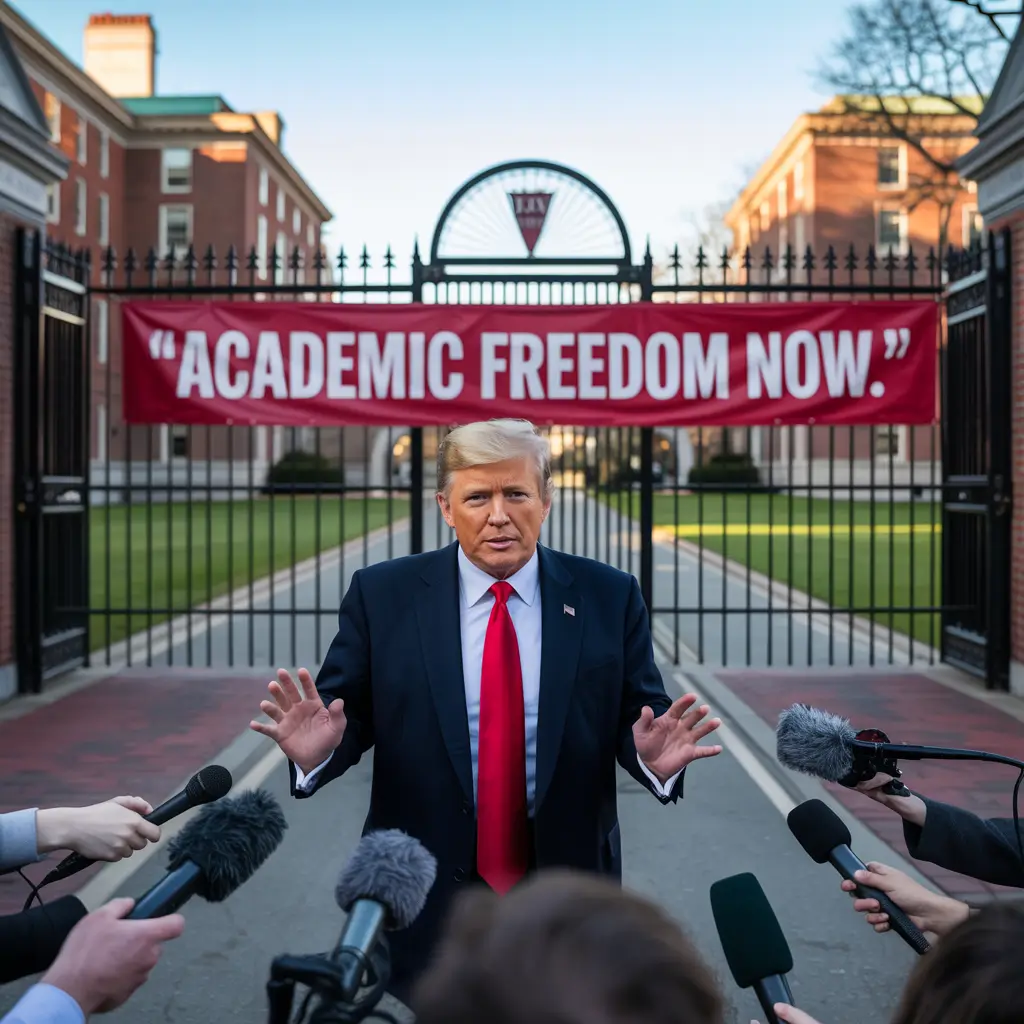 trump verses Havard An AI generated image of US president Donald Trump is standing in front of Harvard universities answering media persons Howard university gate has a sign says academic freedom now