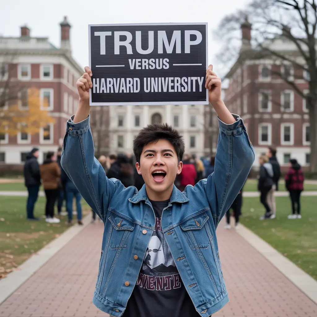 Trump verses Harvard Student standing in missile of Harvard University holding a sign high written trump versus Harvard University